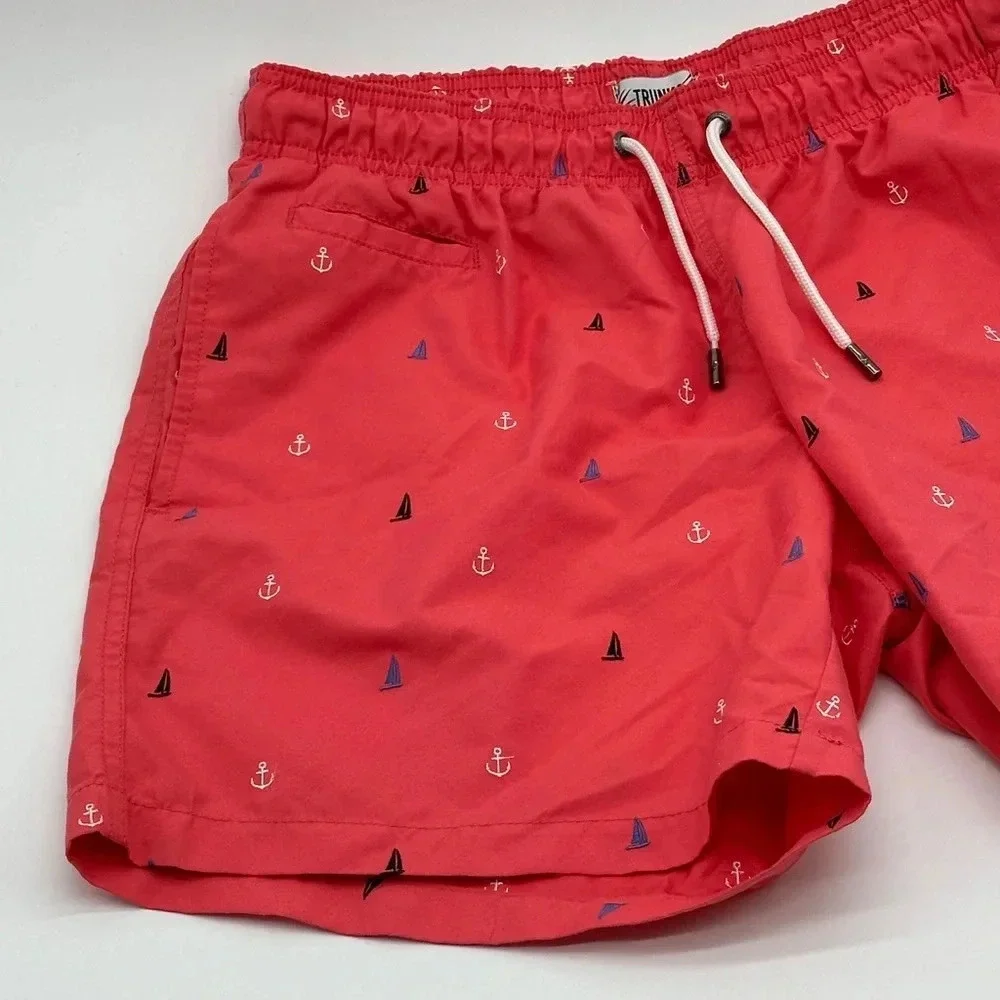 TRUNKS Surf & Swim Co. AnchoEmbroidered  Swim Trunks Men's M Red Drawstring Wais